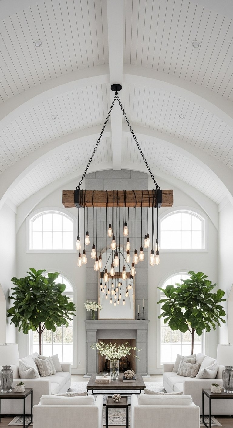 Grand lustre industriel avec poutre en bois et ampoules dans un salon