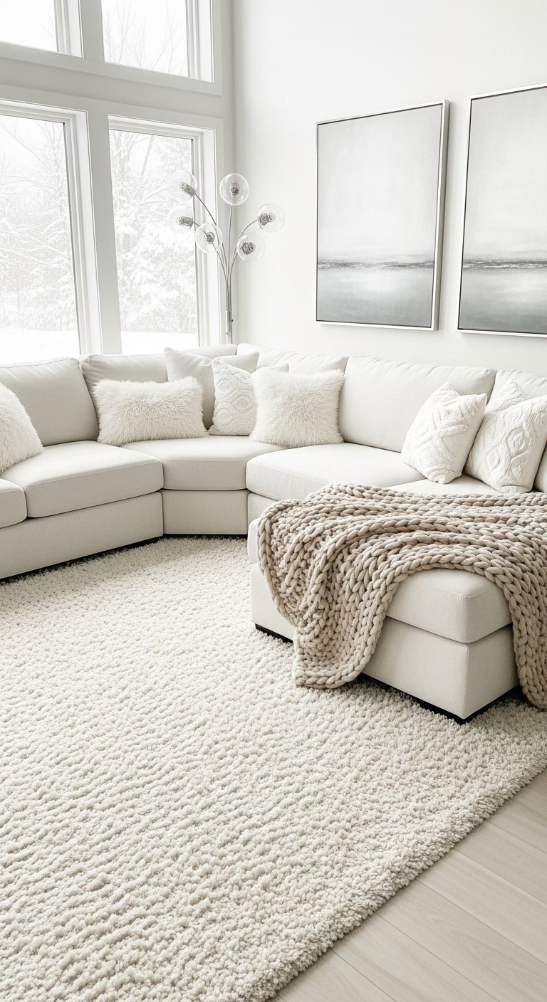 Grand tapis shaggy blanc dans un salon lumineux avec canapé d angle blanc et plaid en maille