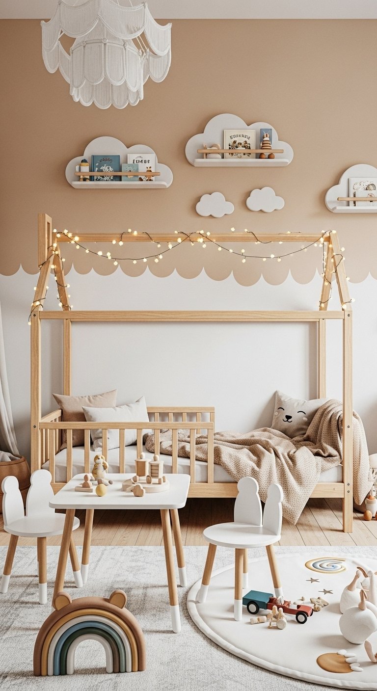 Lit cabane en bois clair dans chambre bebe naturelle avec etageres nuage