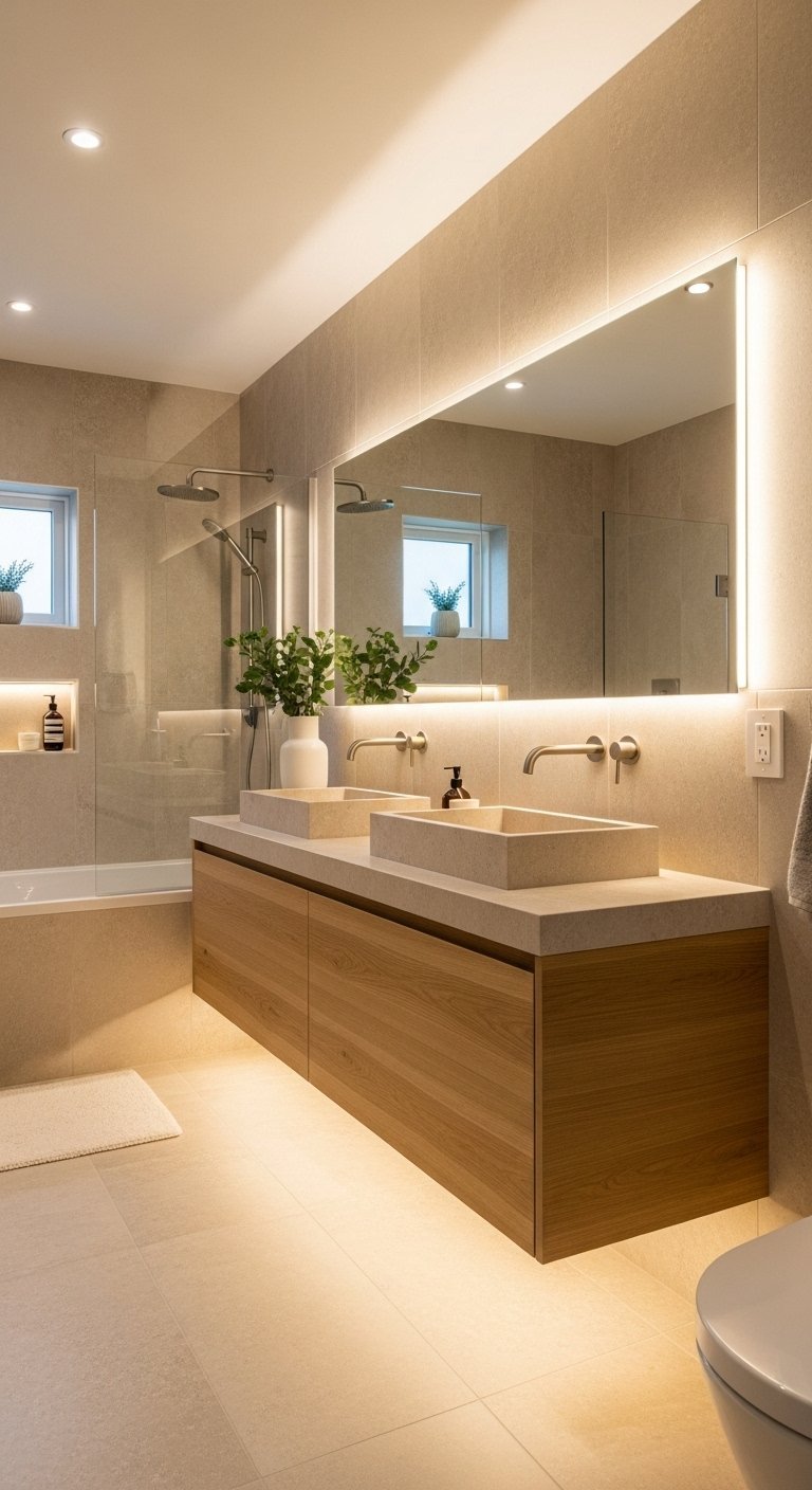 Meuble vasque double en bois avec grand miroir rétroéclairé