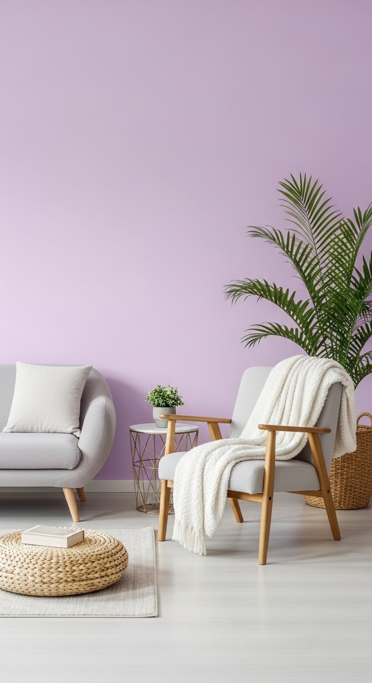 Mur de salon couleur lilas avec fauteuil gris et plante verte