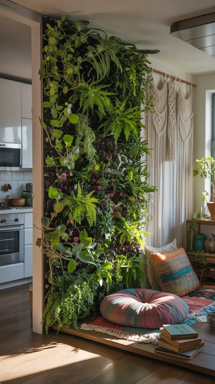 Mur végétal luxuriant utilisé comme séparation entre une cuisine blanche et un coin lecture