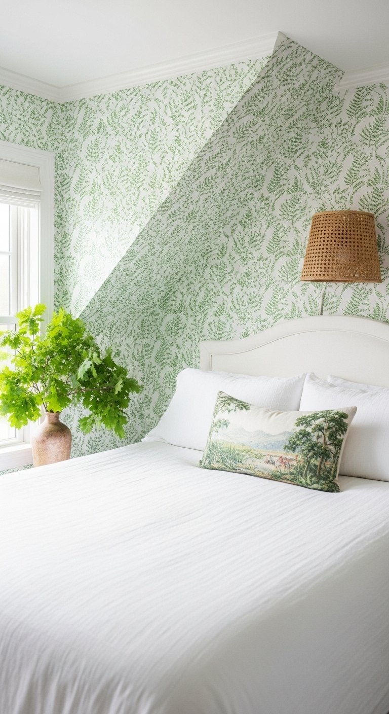 Papier peint a motif de fougeres vertes dans une chambre lumineuse avec un lit blanc