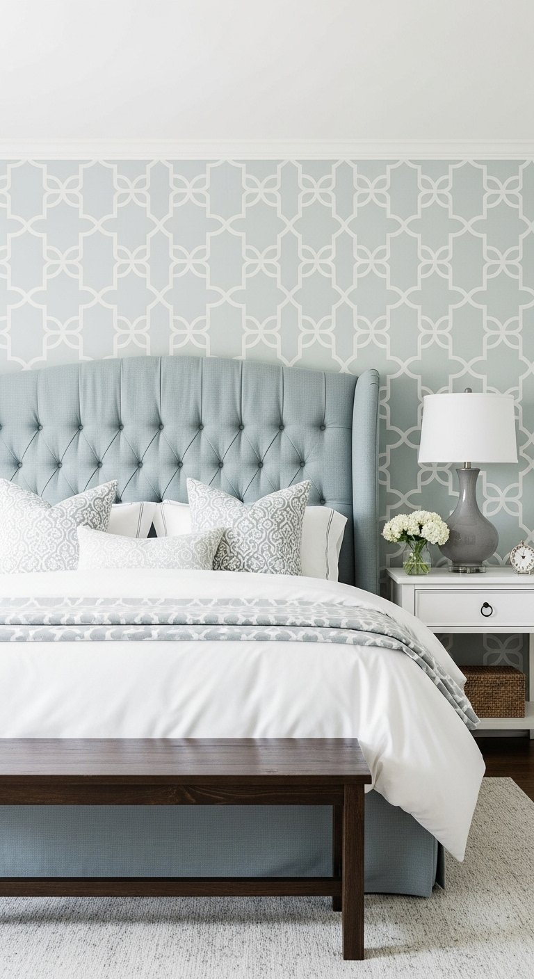 Papier peint bleu pastel a motif geometrique avec tete de lit capitonnee assortie