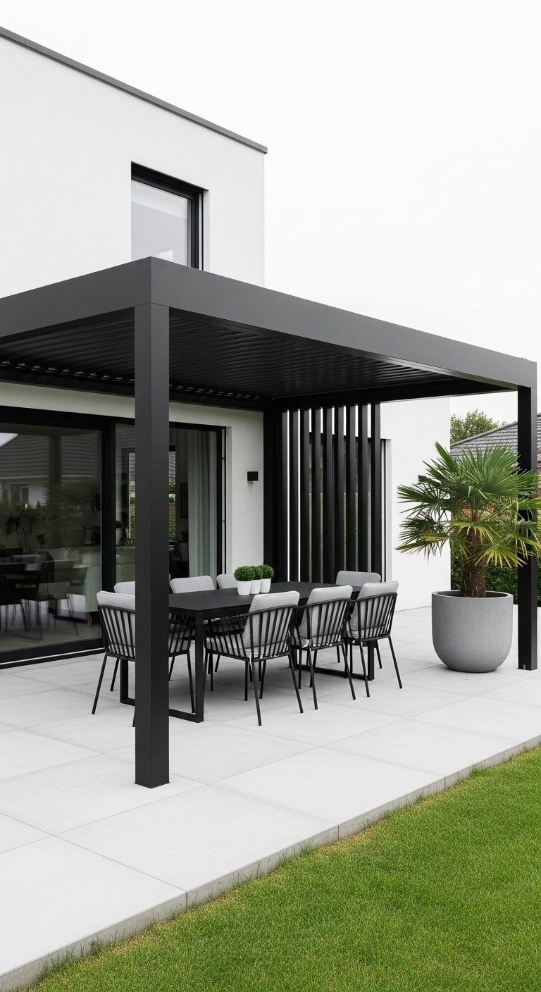 Pergola bioclimatique noire moderne avec table à manger sur une terrasse