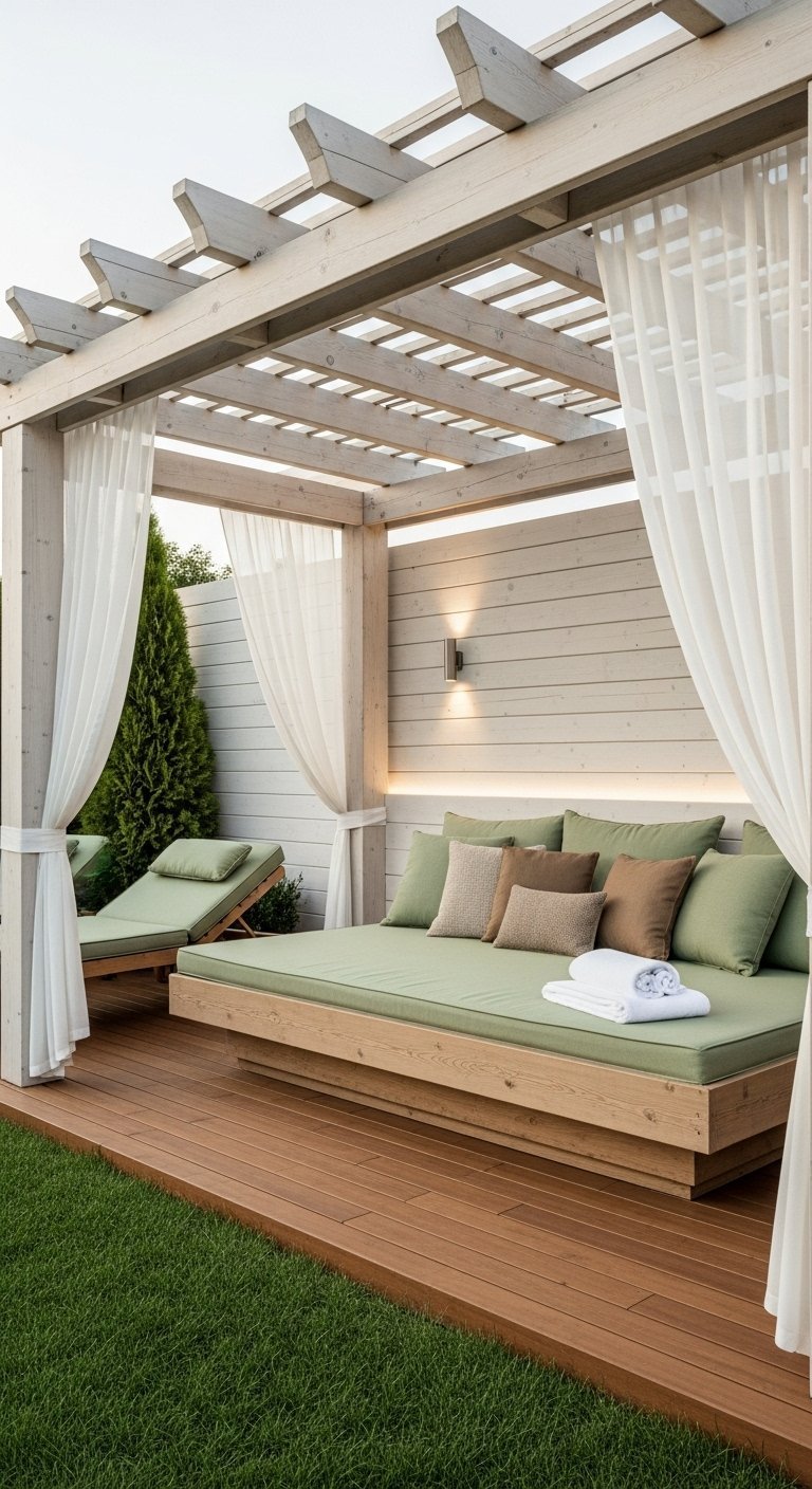 Pergola en bois blanc avec lit de repos et voilages blancs