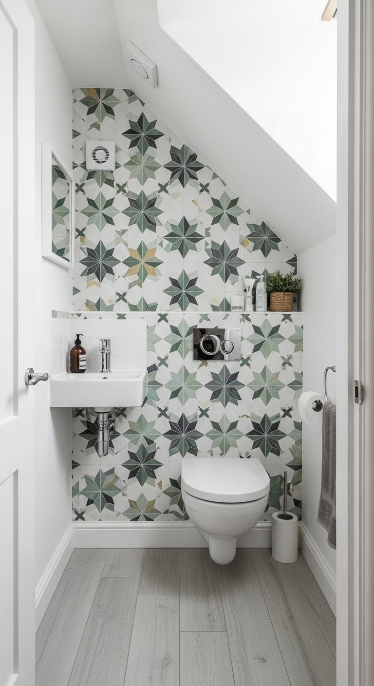 Petit WC sous pente avec mur en carrelage à motifs étoiles vertes