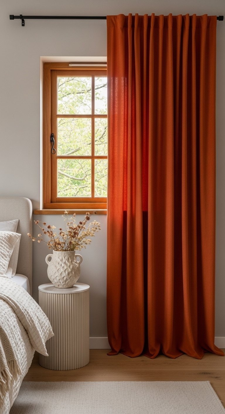 Rideau terracotta a cote d un lit avec cadre en bois