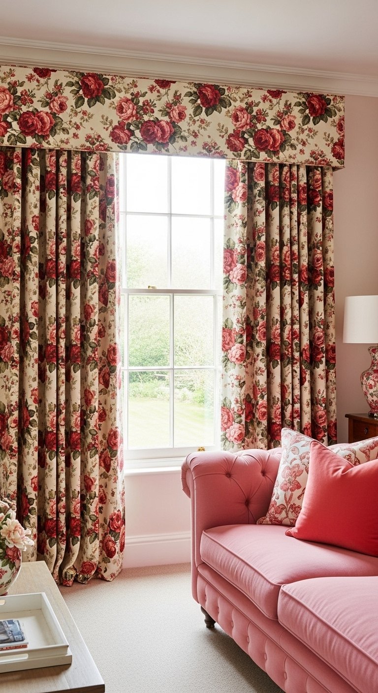 Rideaux à motif de roses rouges avec cantonnière assortie dans un salon classique