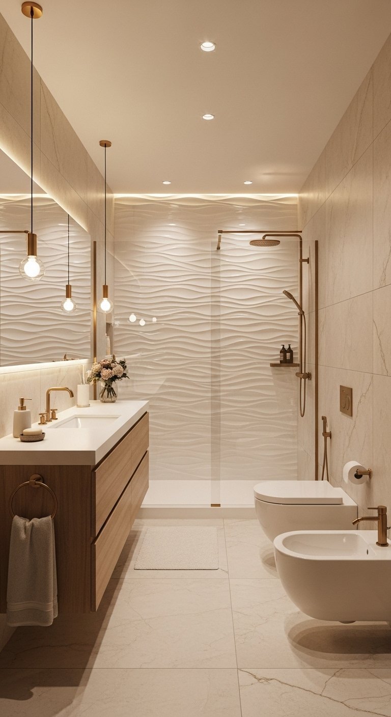 Salle de bain moderne beige avec mur texturé en vagues et douche italienne