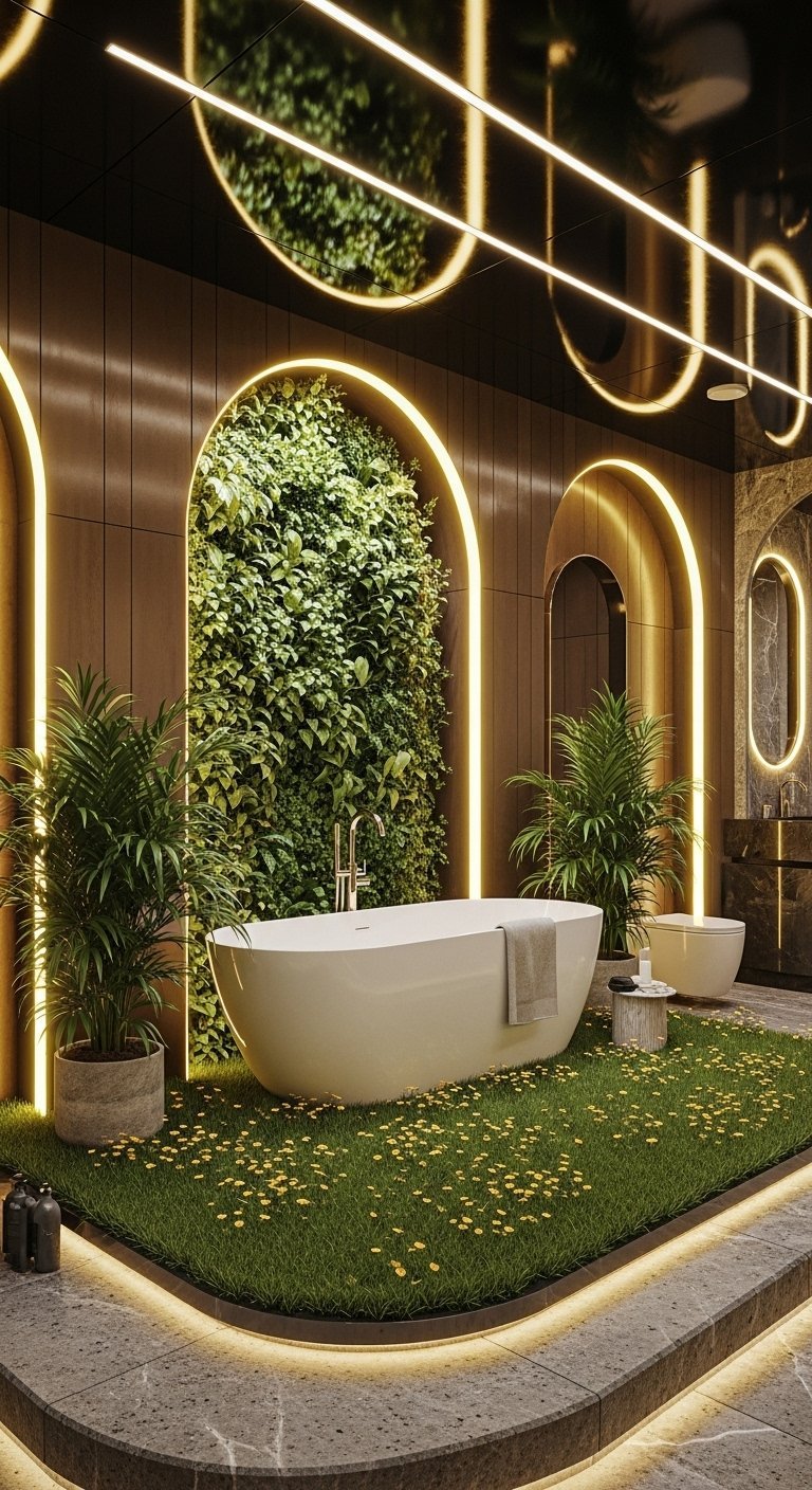 Salle de bain nature futuriste avec mur vegetal et baignoire ilot