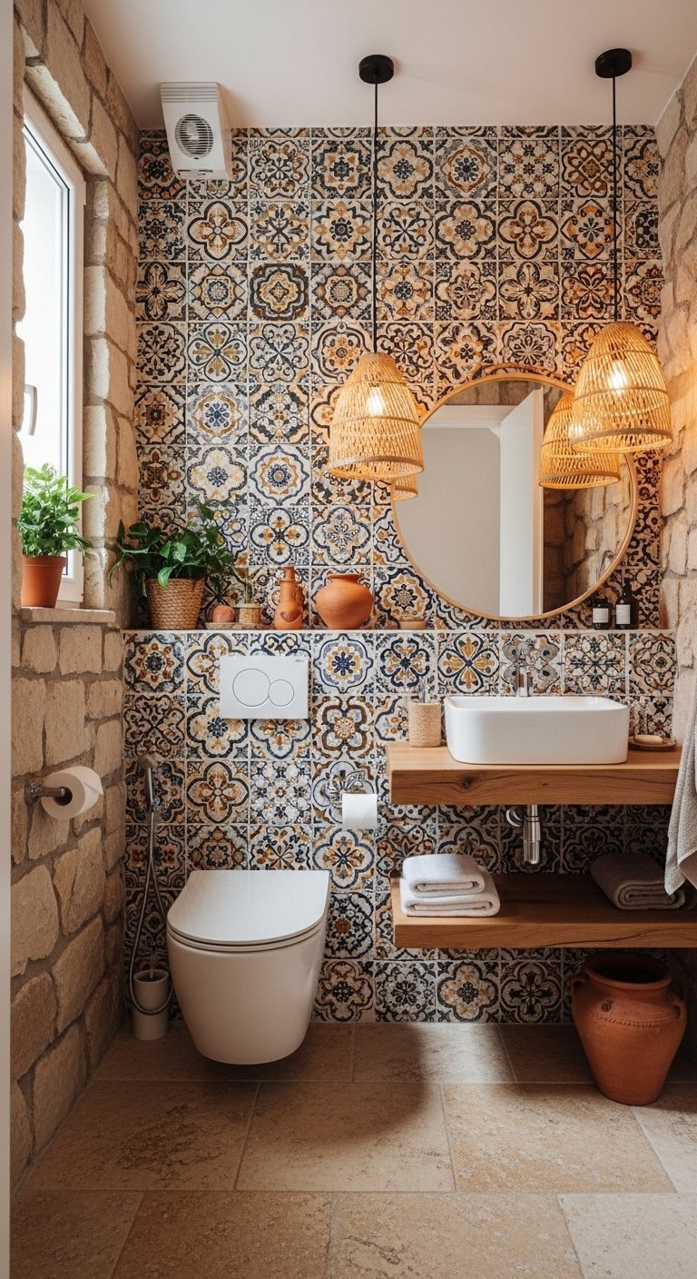 Salle de bain rustique avec murs en pierre et carreaux de ciment colores