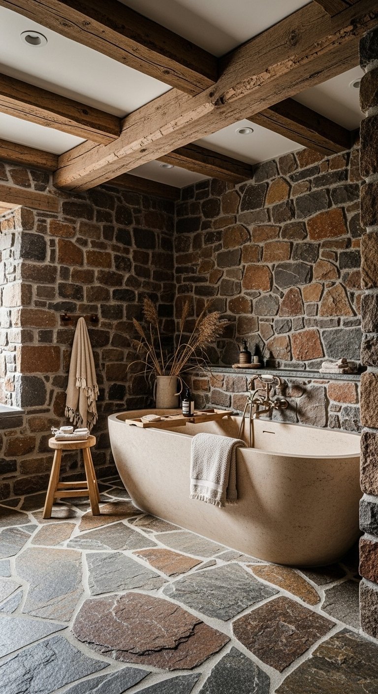 Salle de bains rustique avec murs en pierre poutres en bois et sol en dalles