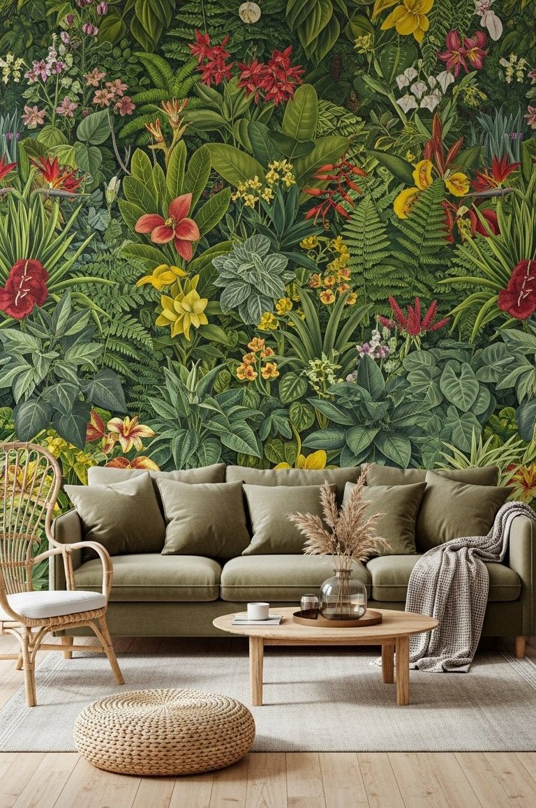 Salon avec papier peint panoramique jungle tropicale colorée et canapé vert