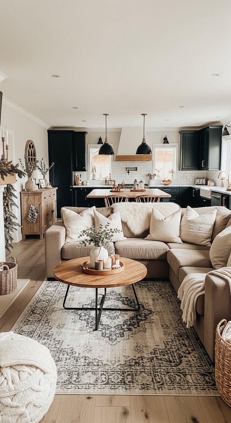 Salon beige cocooning ouvert sur cuisine avec armoires noires