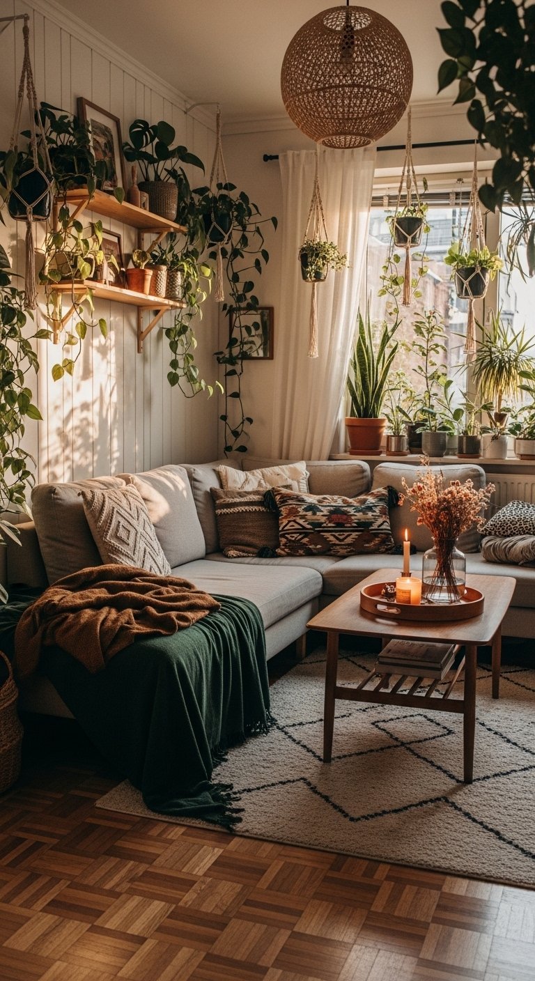 Salon bohème avec canapé beige et de nombreuses plantes vertes suspendues