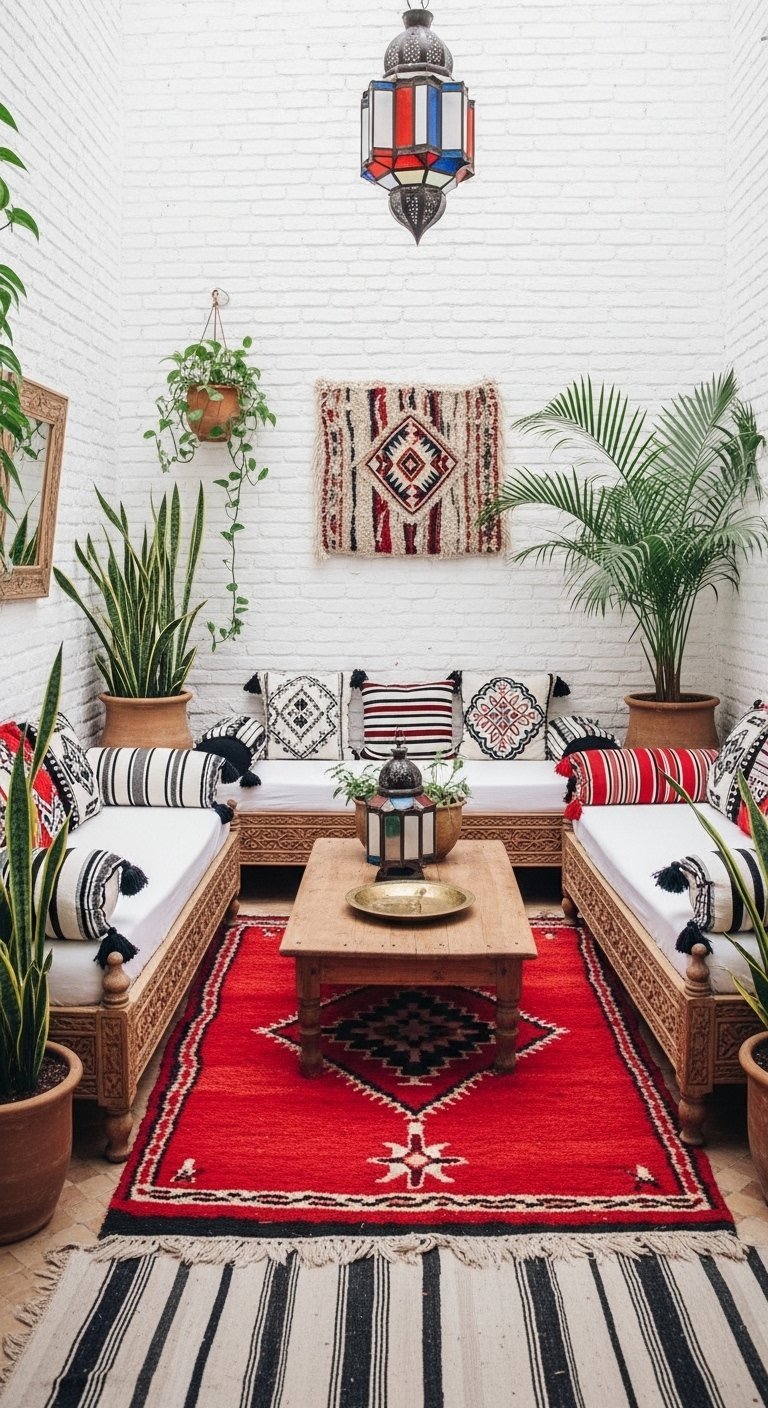 Salon marocain style patio avec mur de briques blanches et tapis berbère rouge