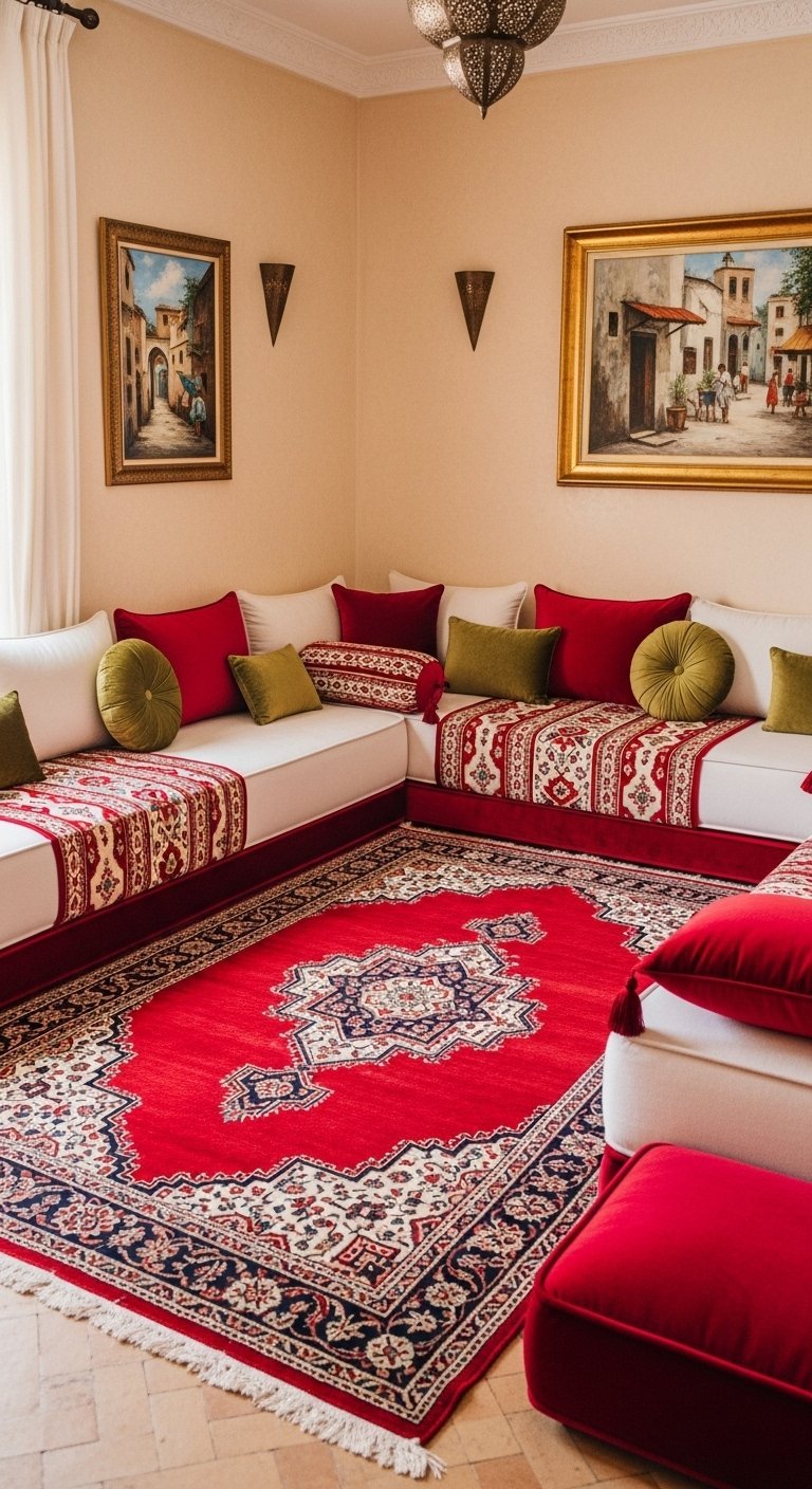 Salon marocain traditionnel avec grand tapis rouge et coussins vert olive