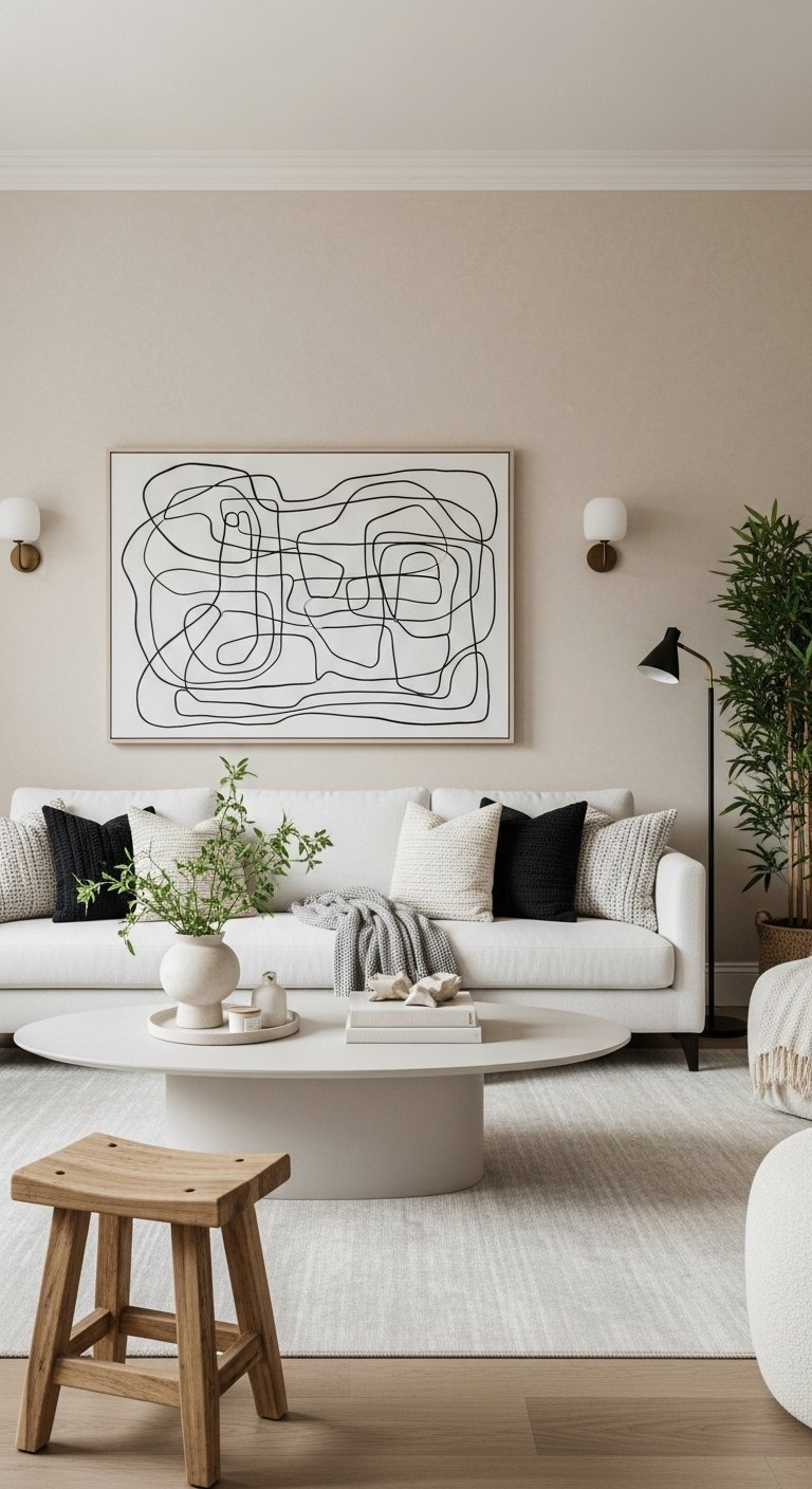 Salon minimaliste avec canapé blanc et grand tableau abstrait noir et blanc.