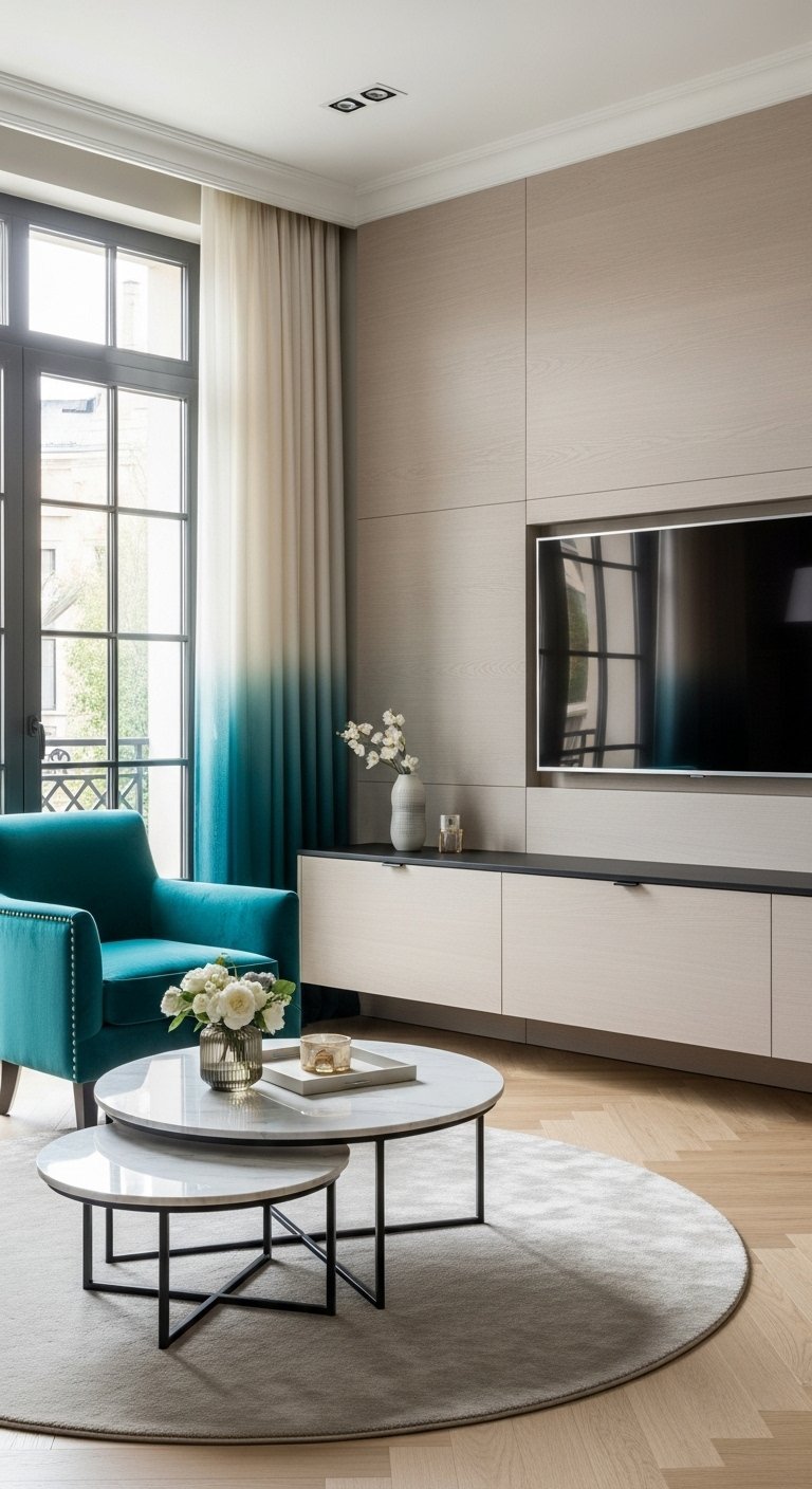 Salon moderne avec mur TV beige et fauteuil sarcelle