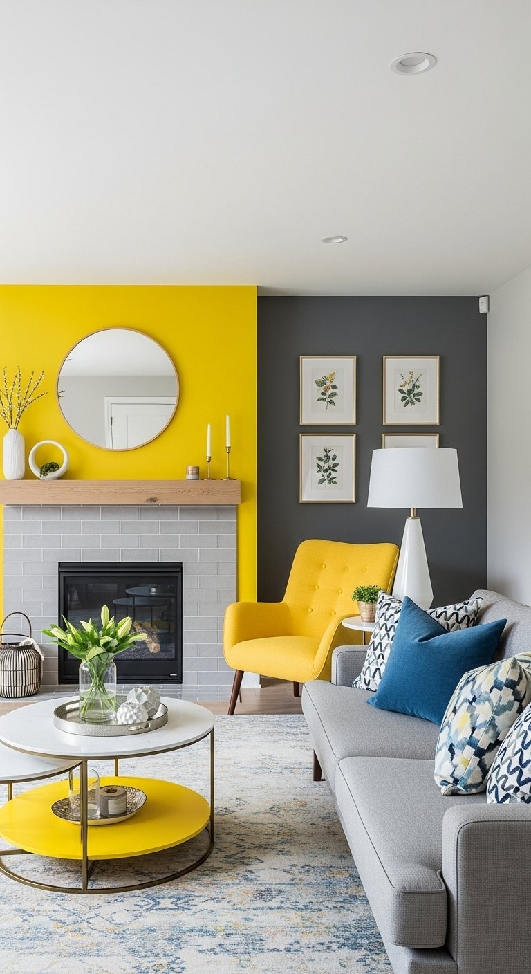 Salon moderne avec mur d accent jaune vif et cheminee grise