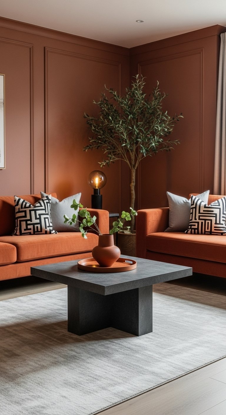 Salon moderne avec murs a moulures et deux canapes terracotta table basse grise