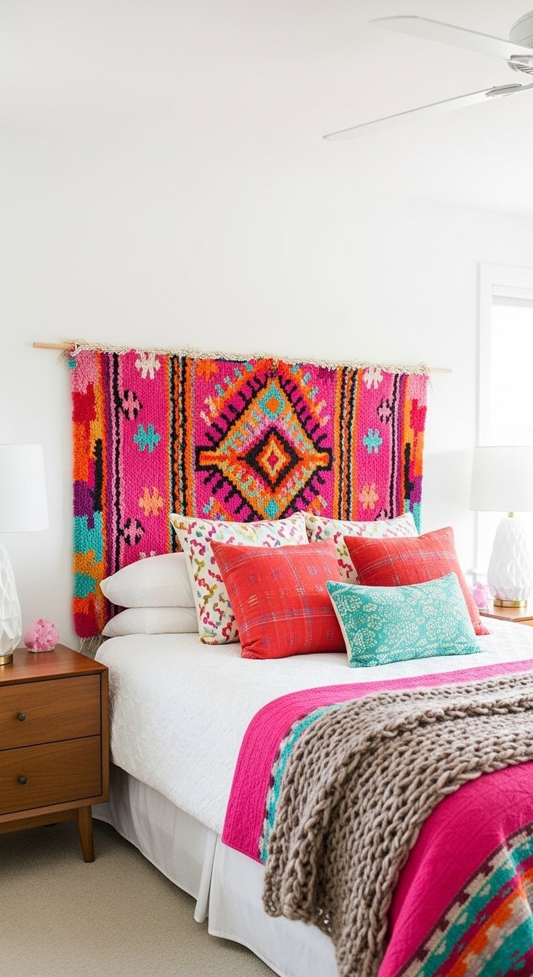 Tenture murale boheme tres coloree utilisee comme tete de lit