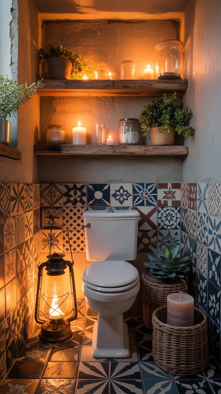Toilettes dans un coin avec carrelage à motifs et lanterne au sol