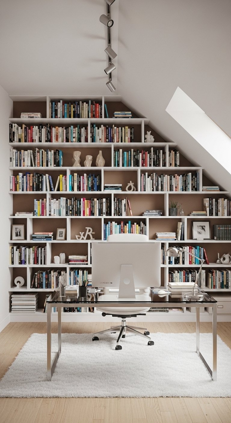 Bureau à domicile avec une bibliothèque blanche sur mesure sous un plafond en pente