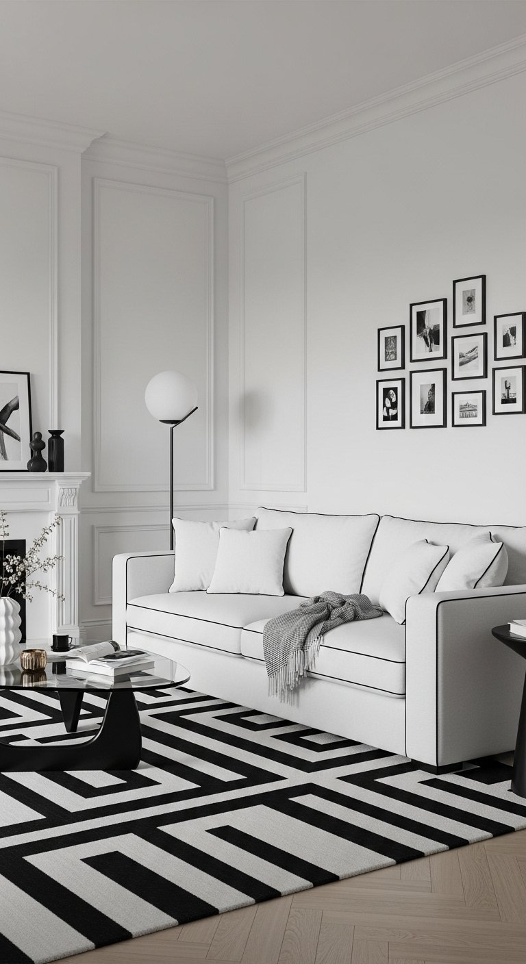 Canapé blanc avec un liseré noir sur un tapis géométrique en noir et blanc