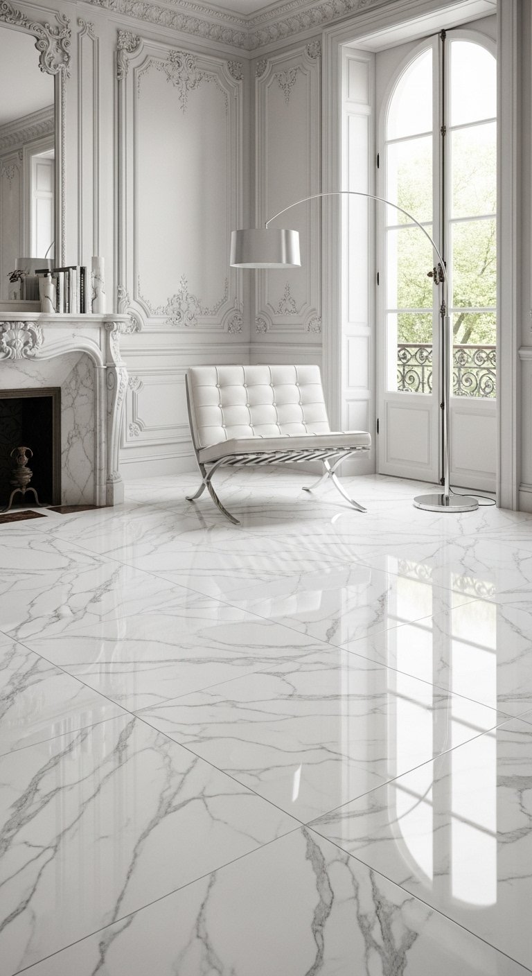 Carrelage blanc poli effet marbre dans un salon haussmannien avec moulures