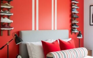 Chambre ado garcon moderne avec mur rouge et etageres a baskets