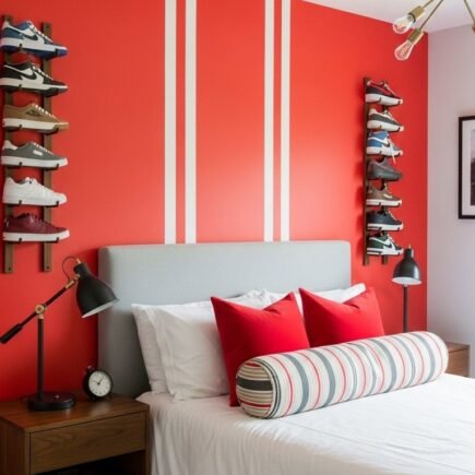 Chambre ado garcon moderne avec mur rouge et etageres a baskets