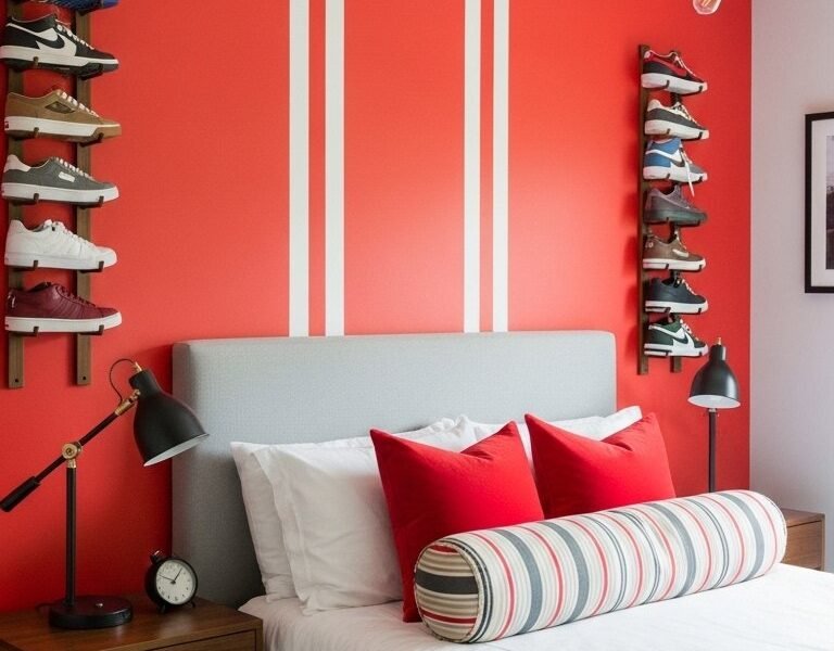 Chambre ado garcon moderne avec mur rouge et etageres a baskets
