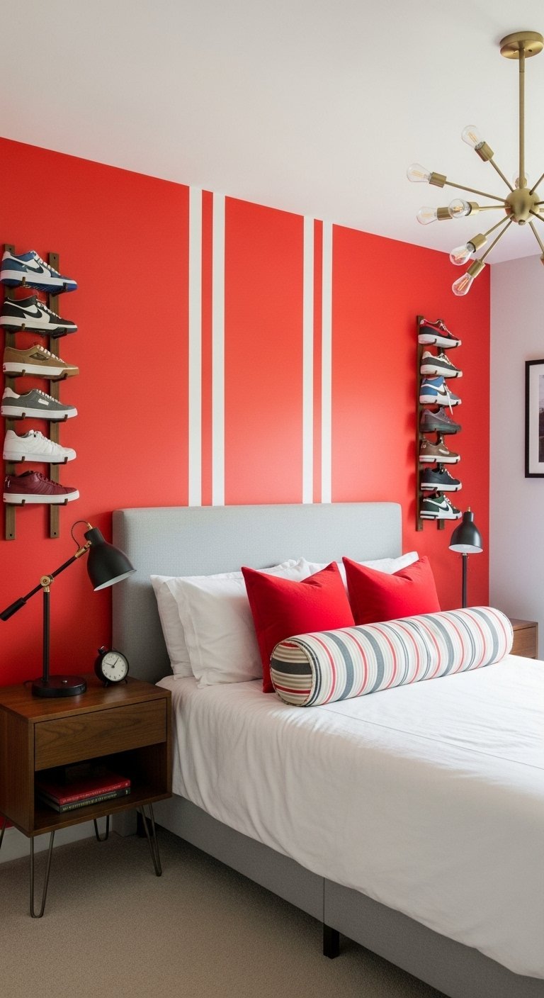 Chambre ado garcon moderne avec mur rouge et etageres a baskets