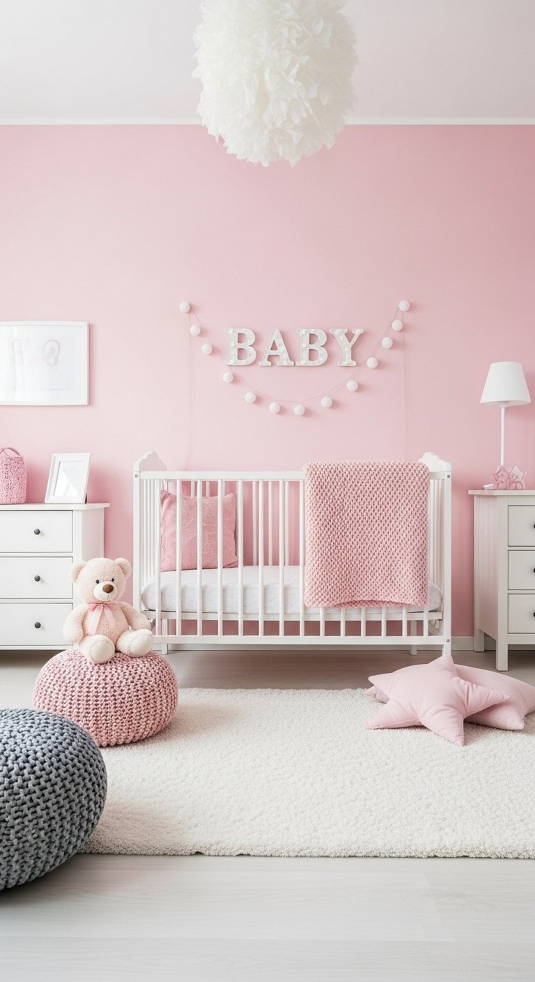 Chambre bébé entièrement rose avec guirlande lumineuse BABY