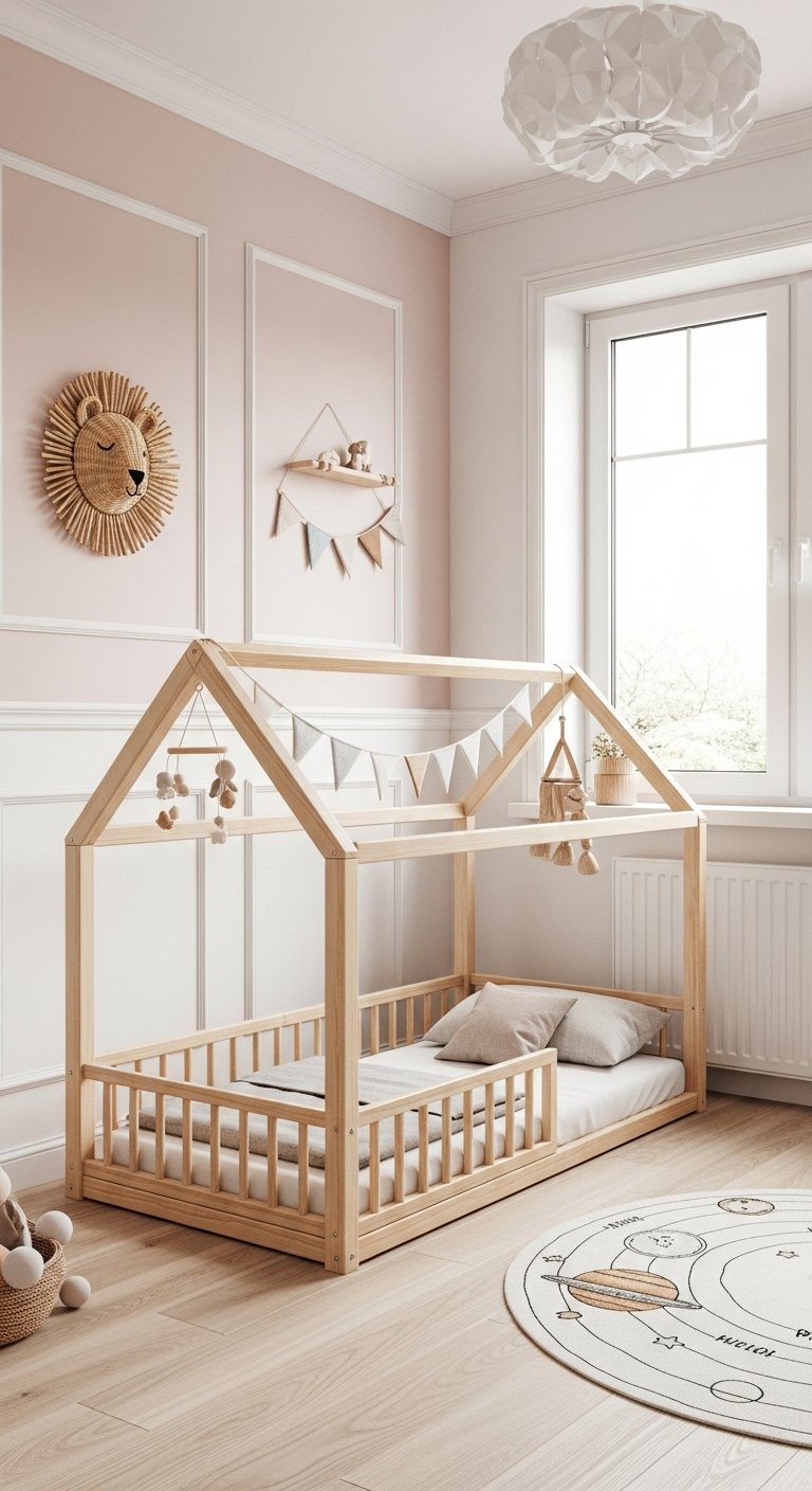 Chambre bebe fille avec lit cabane en bois et murs rose poudre