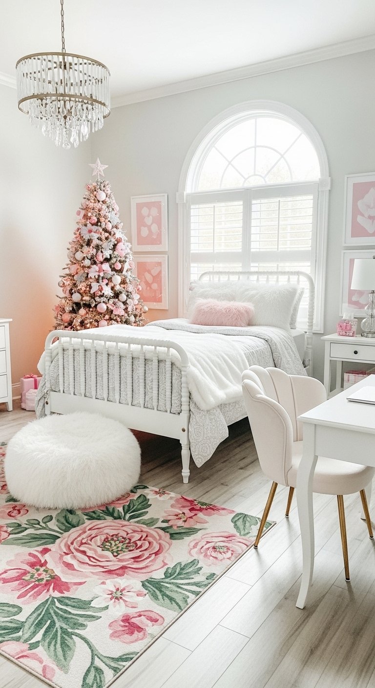 Chambre blanche et rose avec un grand tapis à motifs floraux et un lustre en cristal