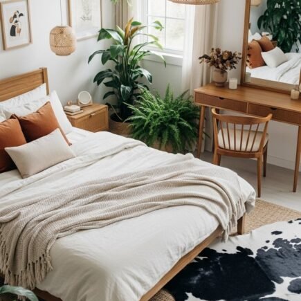 Chambre bohème avec lit en bois et tapis en peau de vache