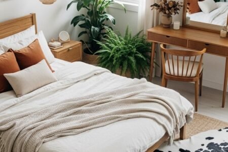 Chambre bohème avec lit en bois et tapis en peau de vache