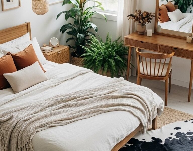 Chambre bohème avec lit en bois et tapis en peau de vache