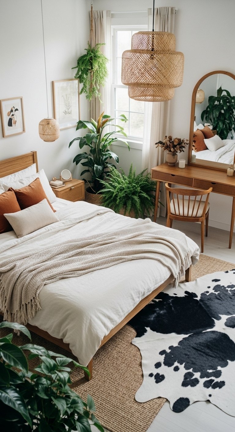 Chambre bohème avec lit en bois et tapis en peau de vache