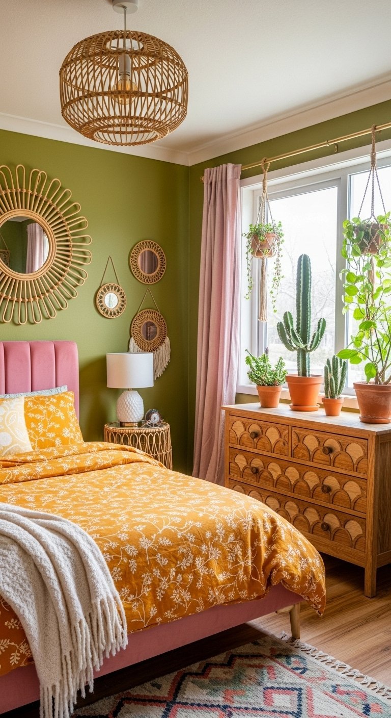 Chambre bohème avec mur vert olive et tête de lit en velours rose