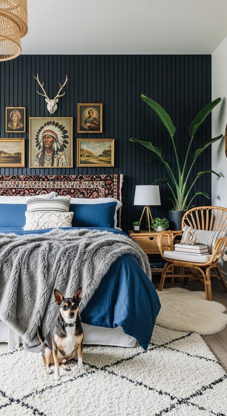 Chambre boheme sombre avec mur a tasseaux bleu et galerie de cadres