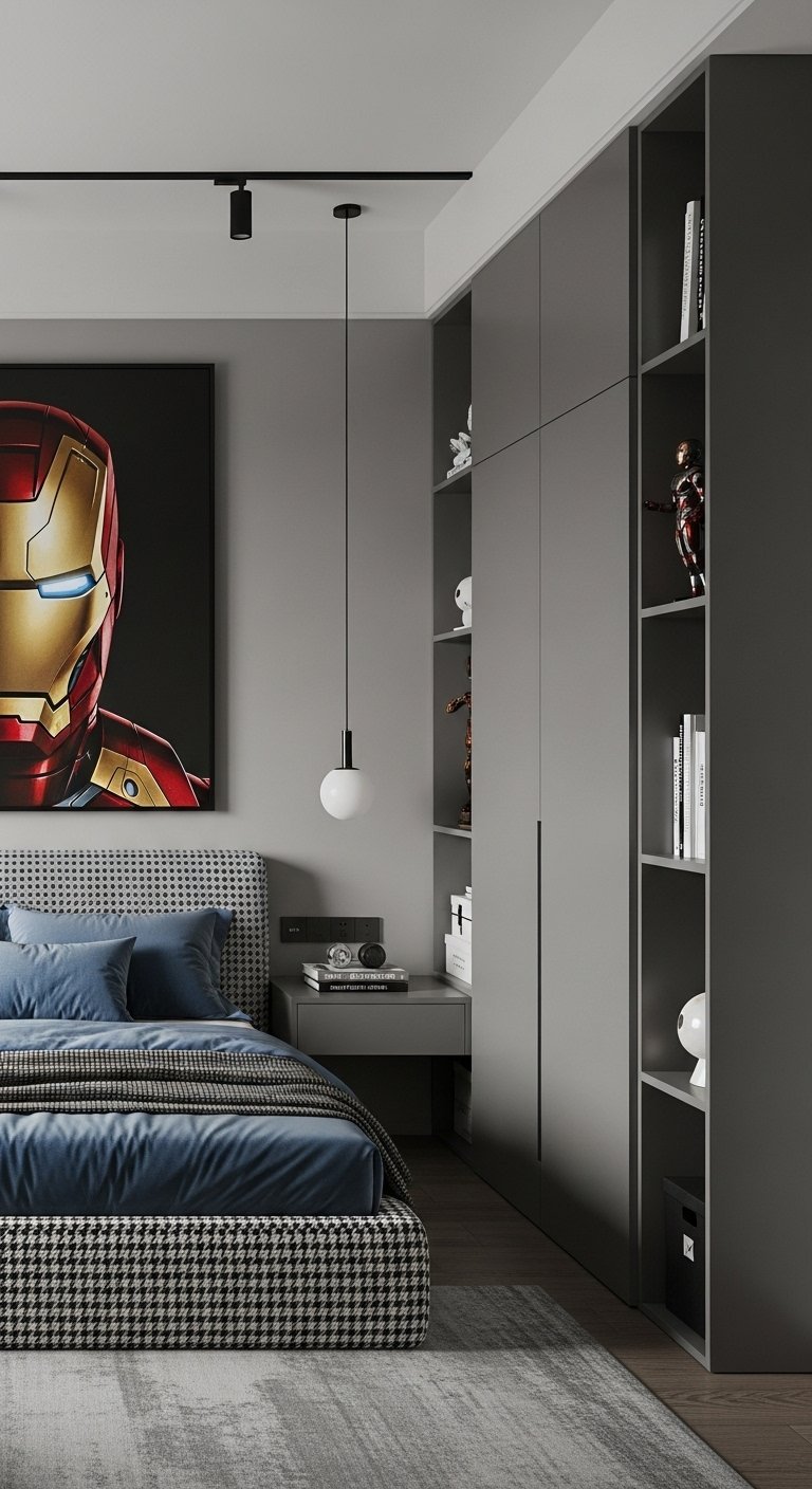 Chambre d ado grise et moderne sur le thème d Iron Man avec une grande armoire bibliothèque