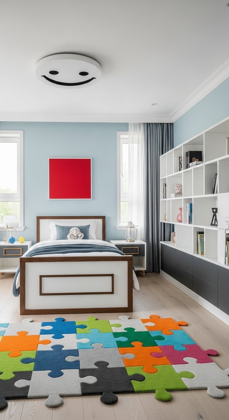 Chambre de garçon moderne avec un tapis en forme de puzzle coloré
