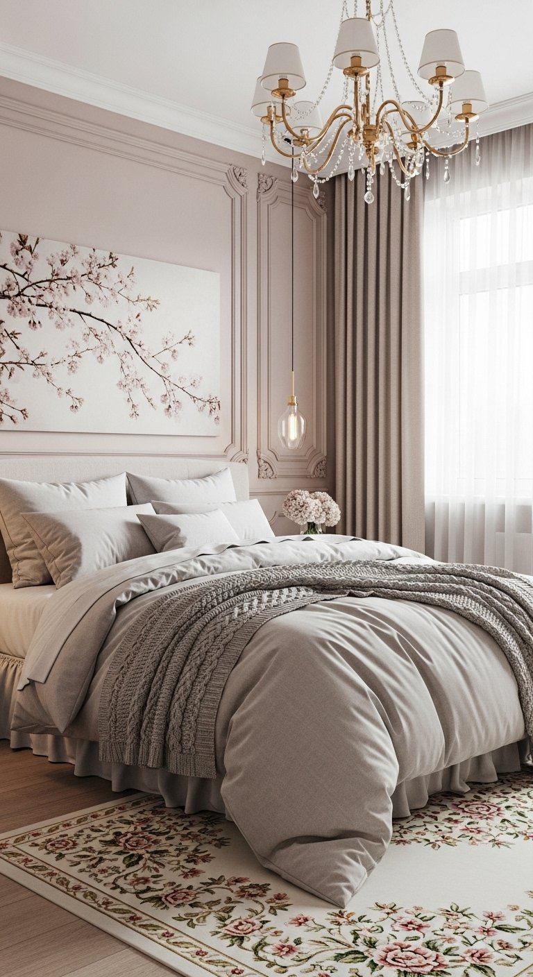 Chambre élégante avec murs à moulures roses et lustre en cristal