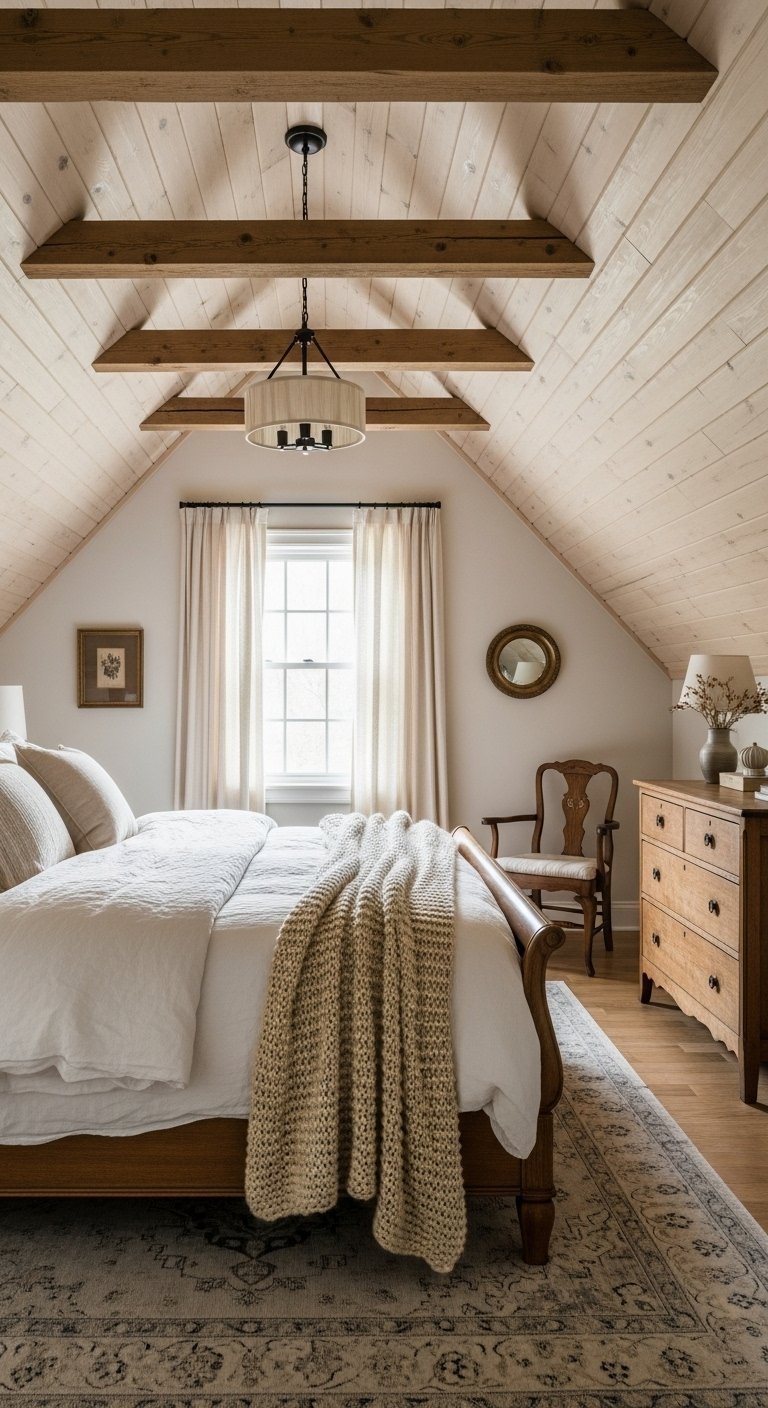 Chambre mansardée avec plafond et poutres en bois clair