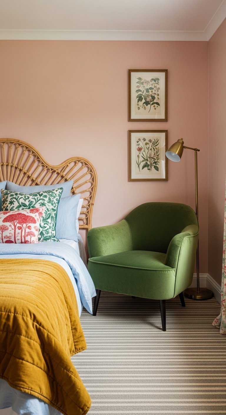 Chambre moderne avec murs vieux rose fauteuil vert olive et tete de lit en rotin