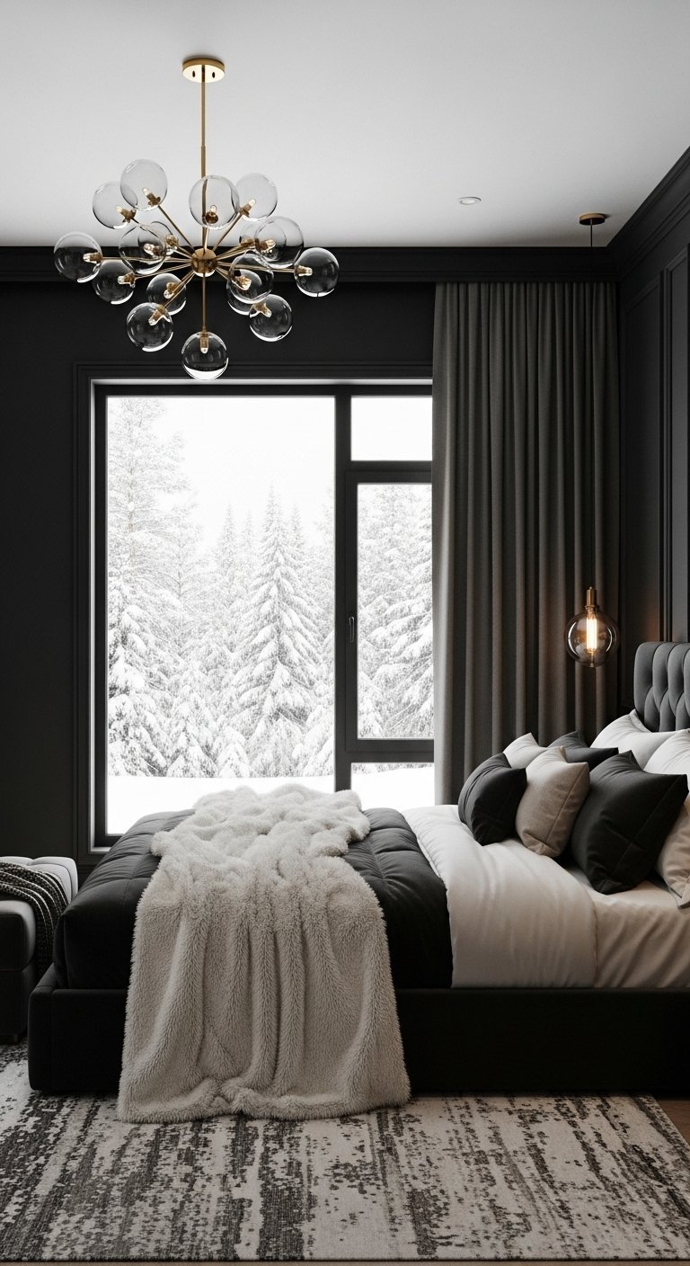 Chambre noire luxueuse avec grande fenêtre donnant sur un paysage de neige
